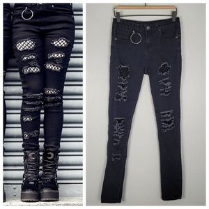 Killstar Trash Talk Skinny Jeans O-Ring Fishnet Distressed Goth Black Size XS